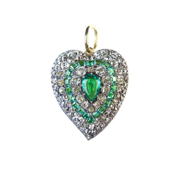 19th century emerald and diamond cluster heart pendant